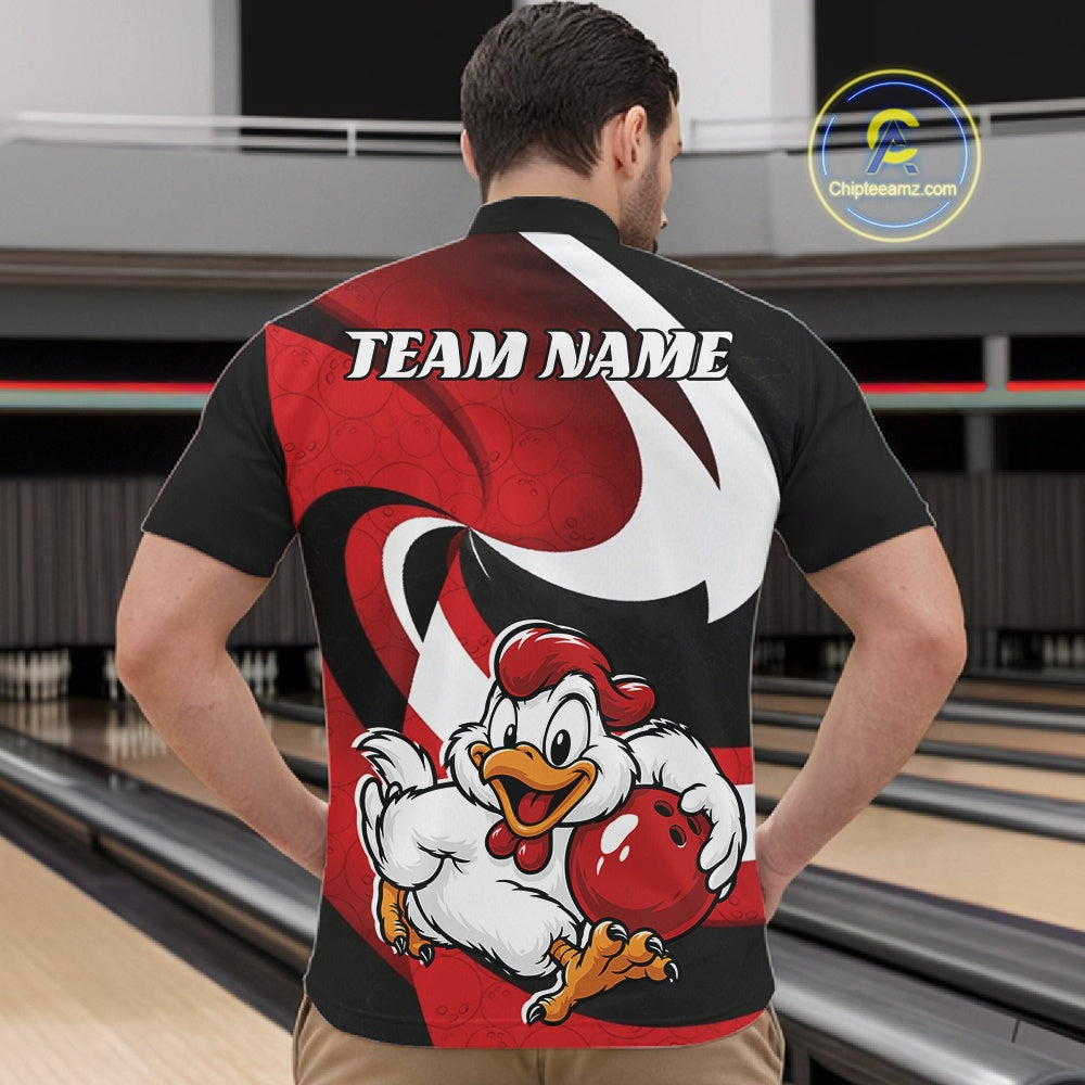 A man viewed from behind wearing a custom bowling shirt with a red, black, and white graphic design featuring a cartoon rooster holding a bowling ball and the text 'TEAM NAME'. The background shows bowling lanes.