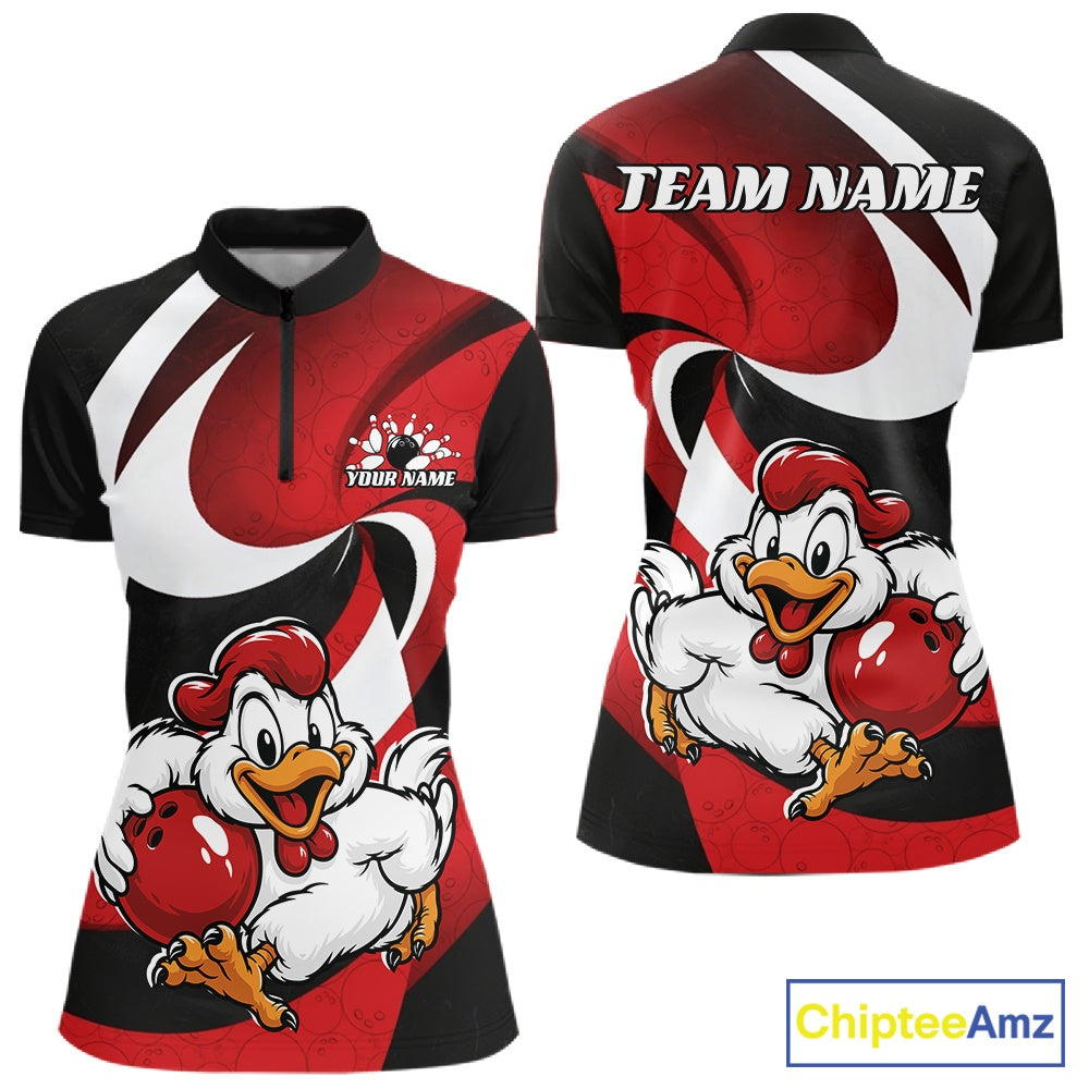 Custom short-sleeve quarter zip women shirt shown from the front and back, featuring a red, black, and white abstract background with a cartoon bowling chicken graphic and customizable text fields.