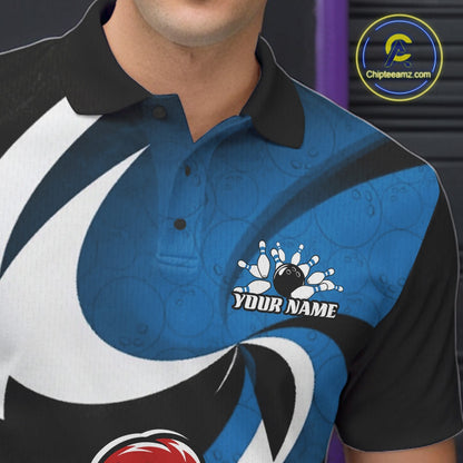 A close-up of a man wearing a blue, black, and white patterned short-sleeve polo shirt with a custom bowling-themed graphic and the text 'YOUR NAME' on the chest. A circular 'Chapteeamz.