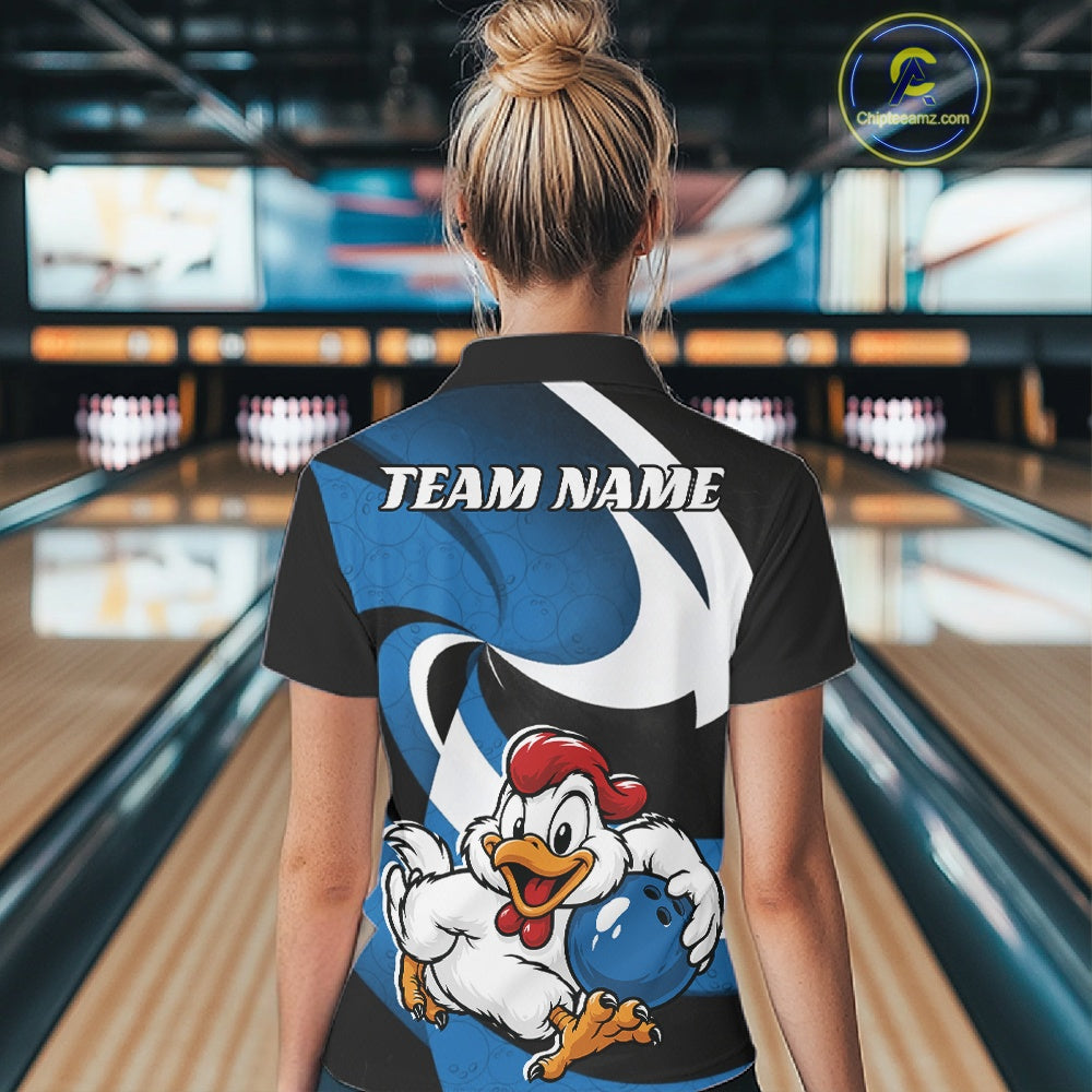 A woman viewed from behind wearing a custom bowling-themed polo shirt with a cartoon chicken graphic and 'TEAM NAME' text, standing in a bowling alley.