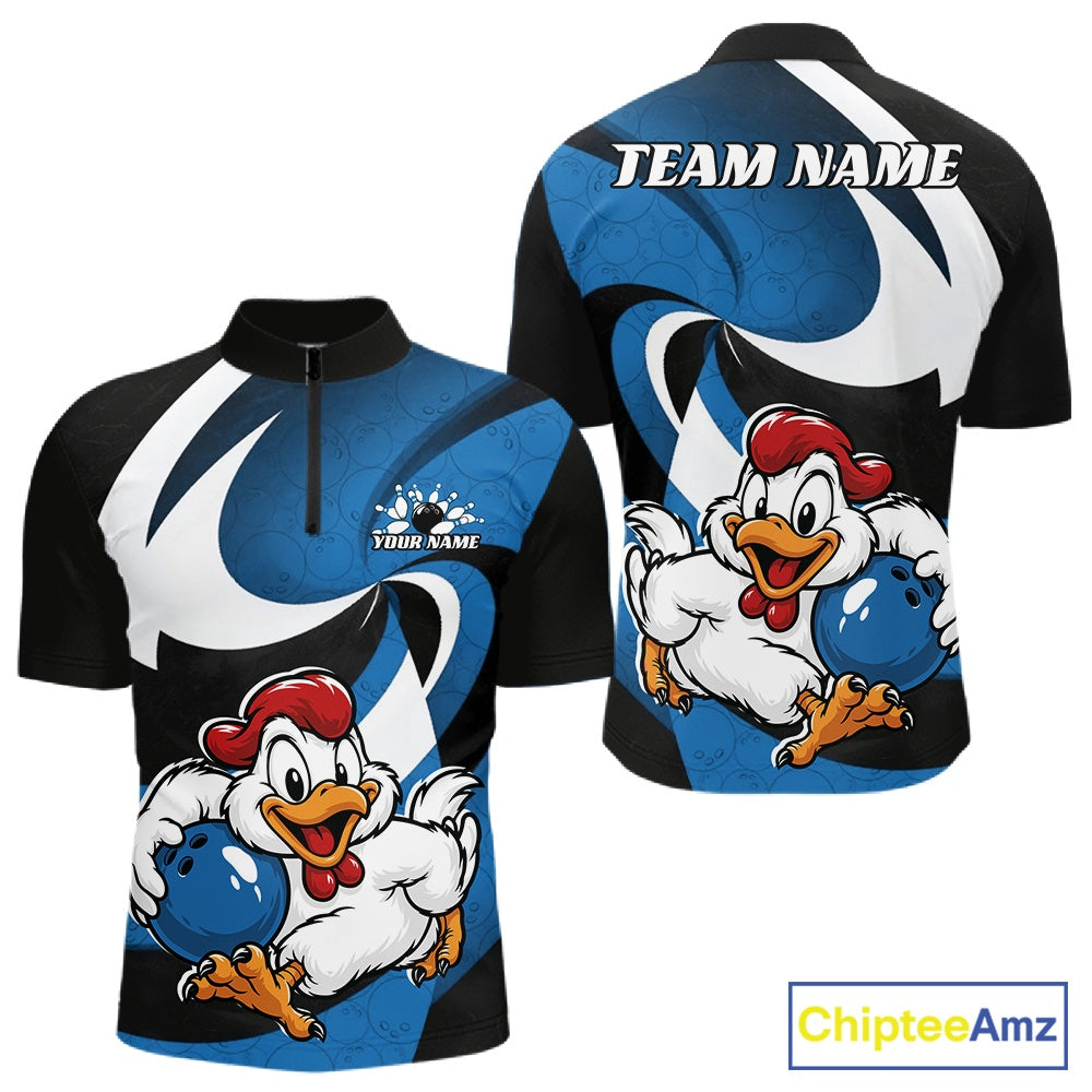 Custom short-sleeve athletic jersey shown in front and back views, featuring a black collar, black sleeves, and a blue and white abstract wave design. The front and back are printed with a cartoon bowling chicken graphic holding blue bowling balls, with 'TEAM NAME' and 'YOUR NAME' placeholder text on the chest and back.