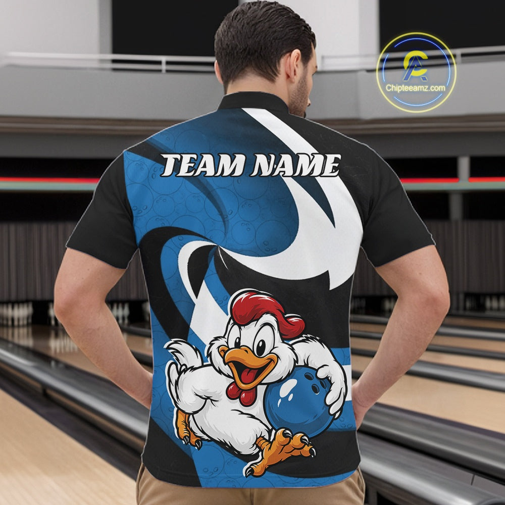 A man viewed from behind wearing a custom bowling-themed short-sleeve jersey. The back of the jersey is black with a large blue and white swoosh graphic, the text 'TEAM NAME' in white, and a cartoon rooster holding a blue bowling ball.