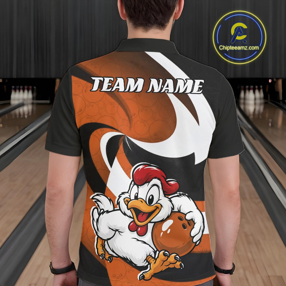 A person viewed from behind wearing a black short-sleeve collared shirt with a large red, white, and black graphic on the back, featuring a cartoon rooster holding a red bowling ball and the text 'TEAM NAME'. 