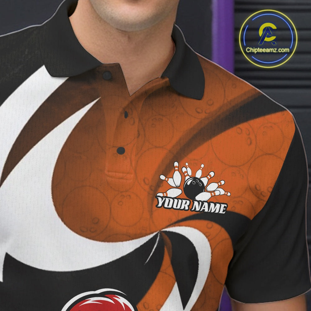 A close-up of a custom bowling-themed polo shirt worn by a model. The shirt features a bold design with a large orange bowling ball graphic, white swooshes, black sections, and a bowling pin and ball illustration with the text 'YOUR NAME' on the chest.