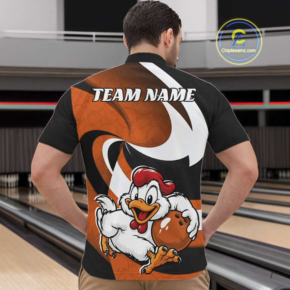A man viewed from behind wearing a custom bowling-themed short-sleeve quartter zip shirt. The back of the shirt features a black and orange graphic design with a white swoosh, the text 'TEAM NAME' in white, and a cartoon chicken mascot holding a bowling ball.