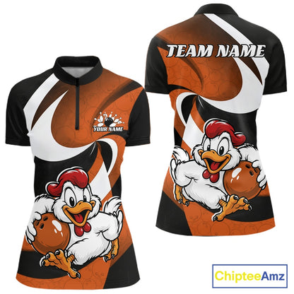 Front and back views of a short-sleeve athletic jersey with a black, orange, and white design featuring a cartoon bowling chicken mascot and customizable text fields.