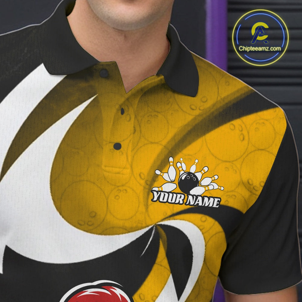 A close-up of a man wearing a custom bowling-themed polo shirt. The shirt features a bold graphic design with yellow, black, and white swooshes, a subtle bowling ball pattern, and a customizable 'YOUR NAME' logo with a bowling pin graphic on the left chest.