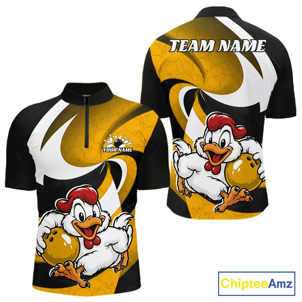 Custom short-sleeve athletic jersey shown from the front and back, featuring a black, yellow, and white abstract design with a cartoon chicken holding a bowling ball and customizable text areas.