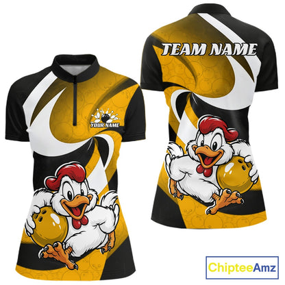 Custom short-sleeve athletic jersey shown from the front and back, featuring a black, yellow, and white abstract design with a cartoon chicken mascot holding a bowling ball. The front has a half-zip collar and a custom logo area, while the back displays 'TEAM NAME' text at the shoulders.