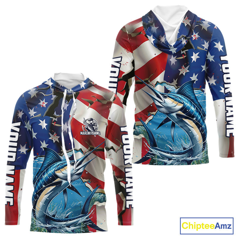 Custom American Flag Patriotic Marlin Fishing Long Sleeve Hooded Fishing Shirts, Marlin Jerseys IPHW9661