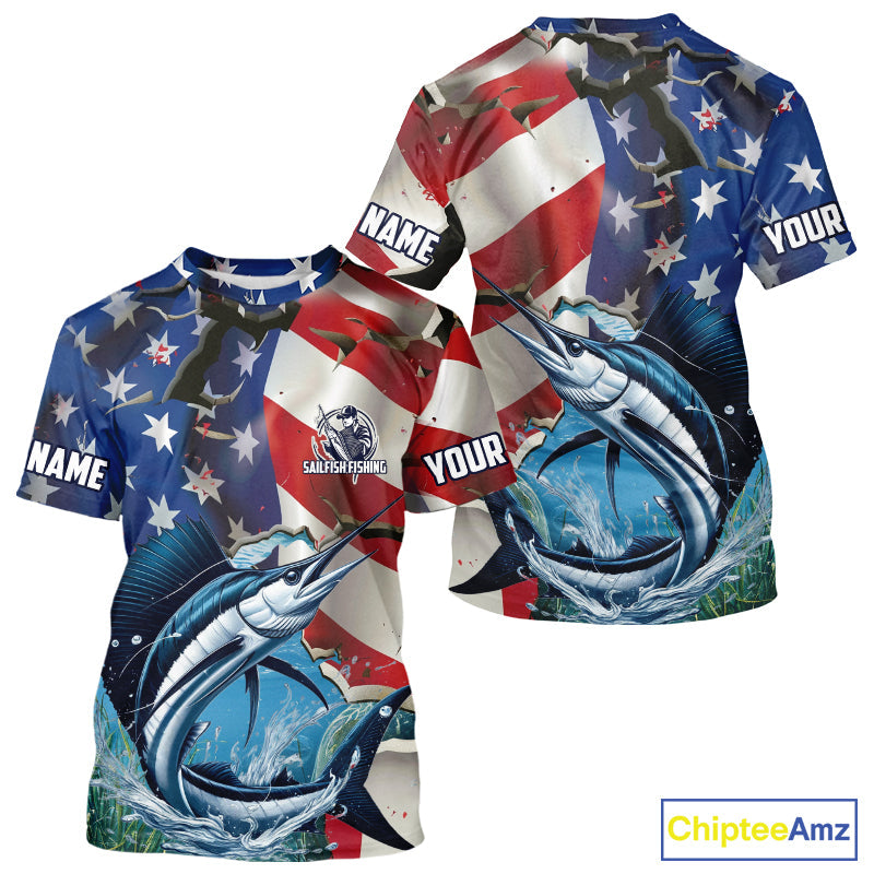 Custom American Flag Patriotic Sailfish Fishing Fishing T-Shirts, Sailfish Jerseys IPHW9662