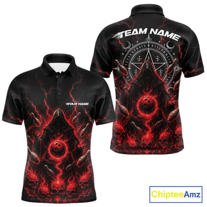 Custom Red Lightning Halloween Grim Reaper Bowling Men Polo Shirt, Dark Magic Outfit IPHW11880