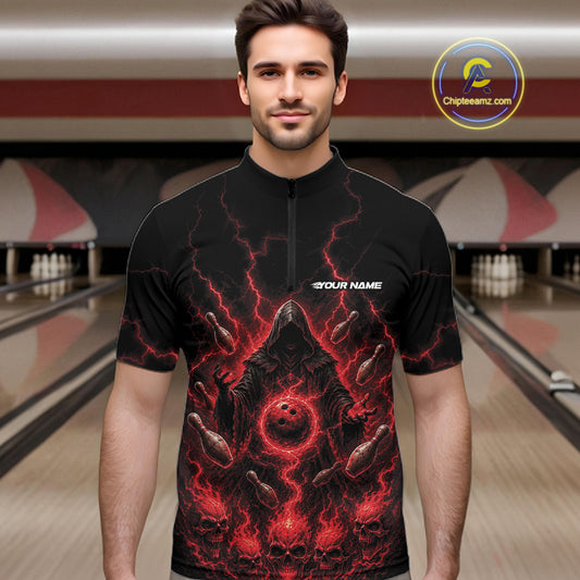 Custom Red Lightning Halloween Grim Reaper Bowling Men Quarter Zip Shirt, Dark Magic Outfit IPHW11880