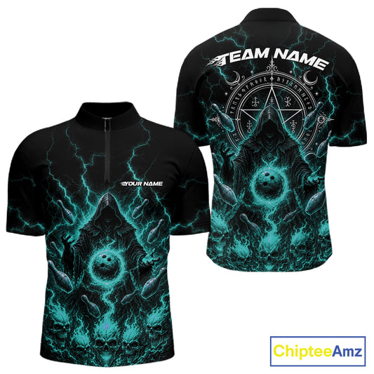Custom Blue Lightning Halloween Grim Reaper Bowling Men Quarter Zip Shirt, Dark Magic Outfit IPHW11881