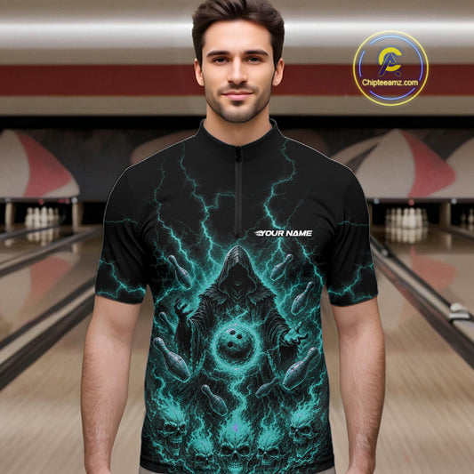 Custom Blue Lightning Halloween Grim Reaper Bowling Men Quarter Zip Shirt, Dark Magic Outfit IPHW11881