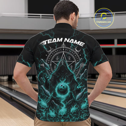 Custom Blue Lightning Halloween Grim Reaper Bowling Men Quarter Zip Shirt, Dark Magic Outfit IPHW11881