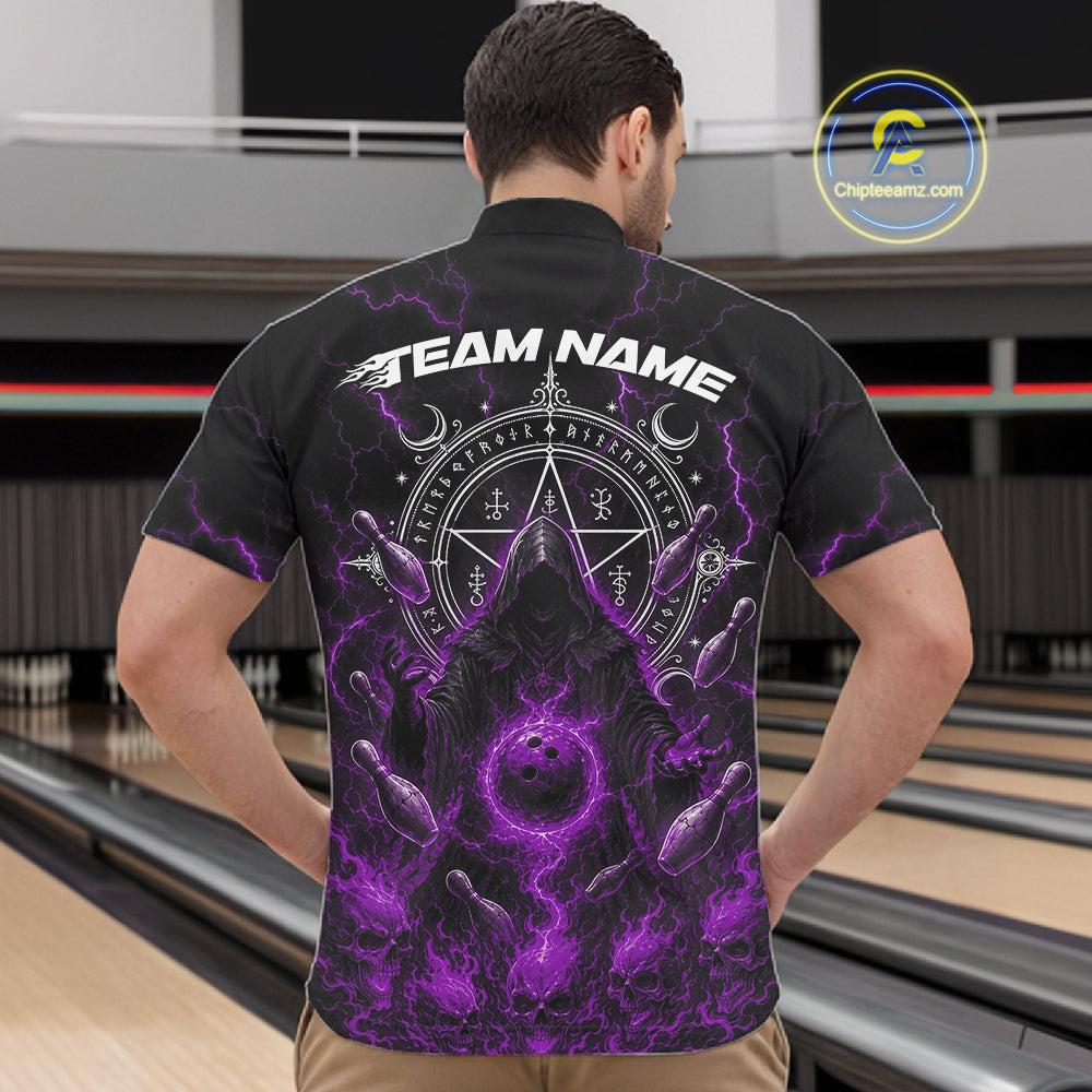 Custom Purple Lightning Halloween Grim Reaper Bowling Men Quarter Zip Shirt, Dark Magic Outfit IPHW11882