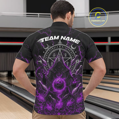 Custom Purple Lightning Halloween Grim Reaper Bowling Men Quarter Zip Shirt, Dark Magic Outfit IPHW11882