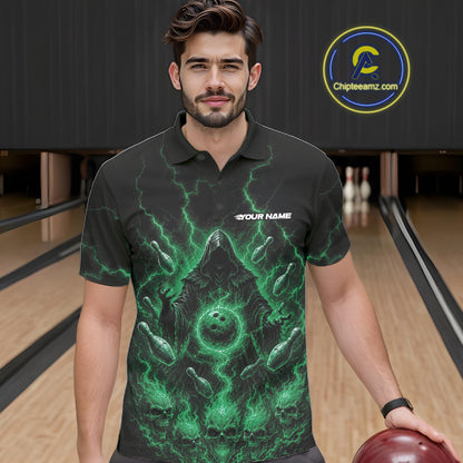 Custom Green Lightning Halloween Grim Reaper Bowling Men Polo Shirt, Dark Magic Outfit IPHW11883