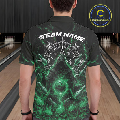 Custom Green Lightning Halloween Grim Reaper Bowling Men Polo Shirt, Dark Magic Outfit IPHW11883