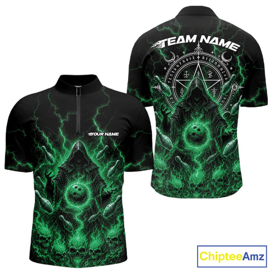 Custom Green Lightning Halloween Grim Reaper Bowling Men Quarter Zip Shirt, Dark Magic Outfit IPHW11883