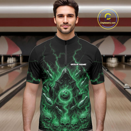 Custom Green Lightning Halloween Grim Reaper Bowling Men Quarter Zip Shirt, Dark Magic Outfit IPHW11883