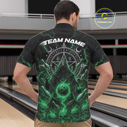 Custom Green Lightning Halloween Grim Reaper Bowling Men Quarter Zip Shirt, Dark Magic Outfit IPHW11883