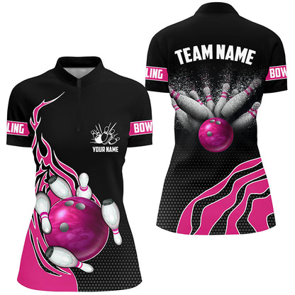 Pink Flame Bowling Polo Shirts For Women, Custom Bowling Team Jerseys Bowler Outfits IPHW5219