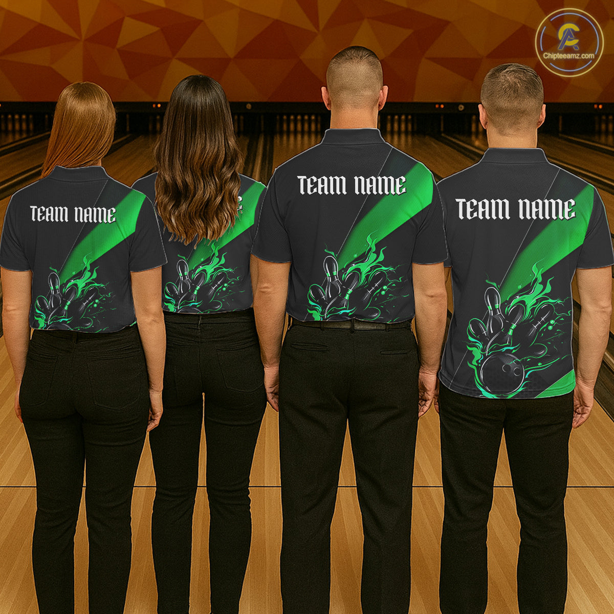 Black And Green Custom Flame Bowling Tournament Jerseys For Women, Bowling Team Shirts IPHW7926