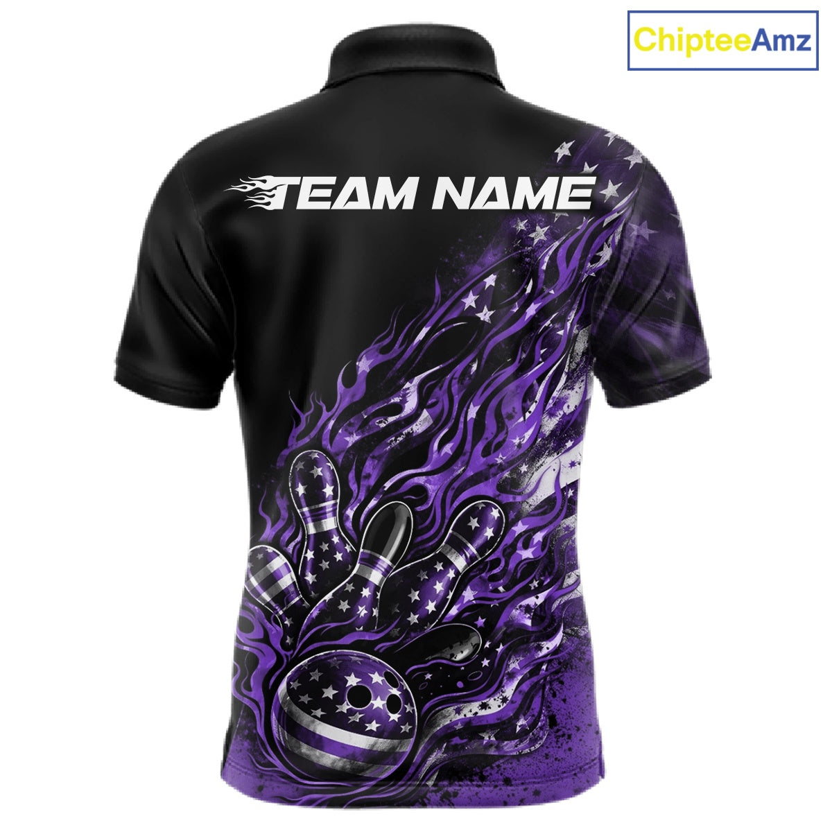Custom Patriotic Purple Flame Bowling Shirts, US Flag Bowling Team Jerseys Freedom 4Th Of July Bowling Shirt IPHW10434