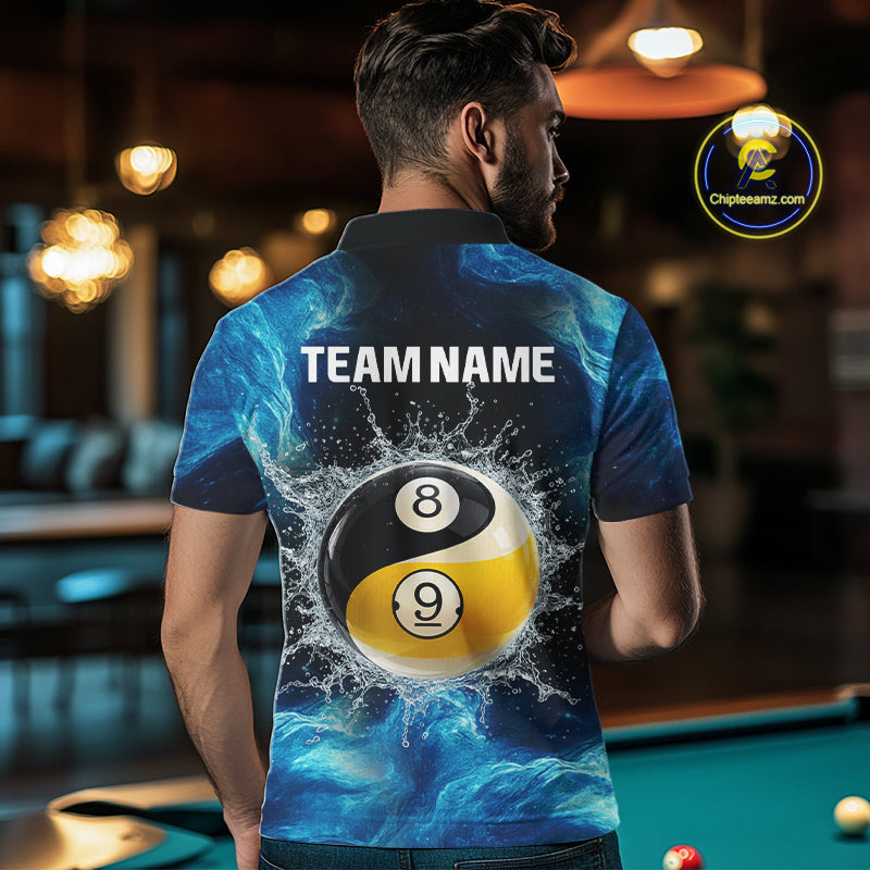 Man wearing a blue polo shirt with a pool ball design and 'Team Name' text, standing in front of a pool table.