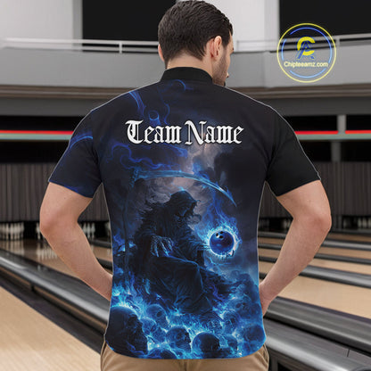 Custom Electric Blue Fire Grim Reaper Bowling Quarter-Zip Shirts For Men, Halloween Bowling Shirt IPHW9464