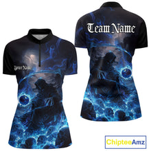 Load image into Gallery viewer, Custom Electric Blue Fire Grim Reaper Bowling Women Quarter-Zip Shirt, Halloween Bowling IPHW9464