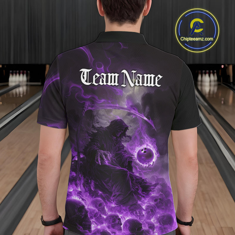 Custom Purple Fire Grim Reaper Bowling Polo Shirts For Men, Halloween Bowling Shirt IPHW9466