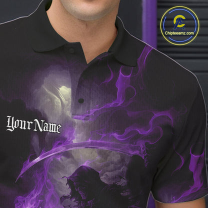 Custom Purple Fire Grim Reaper Bowling Polo Shirts For Men, Halloween Bowling Shirt IPHW9466
