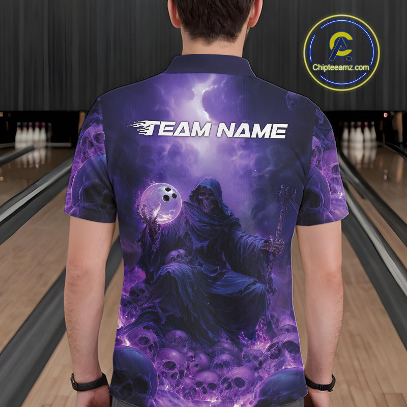 Custom Blue And Purple Flame Bowling Skull Polo Shirts For Men, Halloween Bowling Outfits IPHW9467