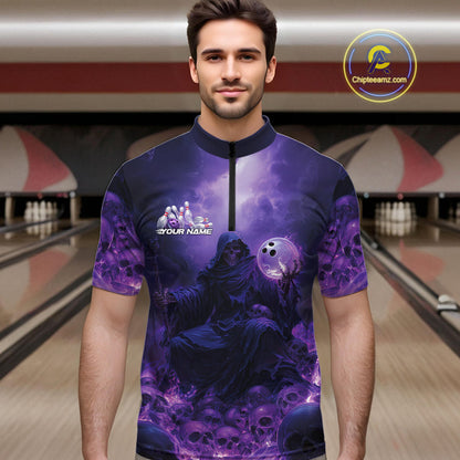 Custom Blue And Purple Flame Bowling Skull Quarter-Zip Shirts For Men, Halloween Bowling Outfits IPHW9467