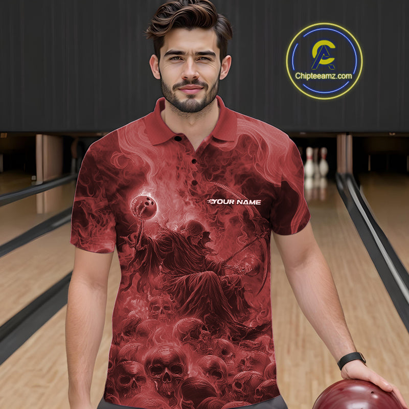 Custom Red Flame Skull Bowling Polo Shirts, Red Smoke Bowling Hallween Outfit IPHW9472