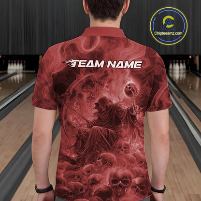 Custom Red Flame Skull Bowling Polo Shirts, Red Smoke Bowling Hallween Outfit IPHW9472
