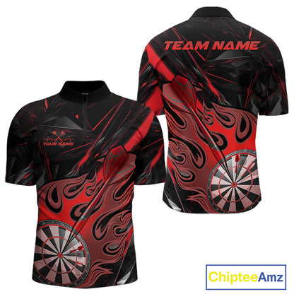 Custom Black And Red Flame Dartboard Dart Quarter-Zip Shirts For Men, Dart Players Outfits IPHW9688