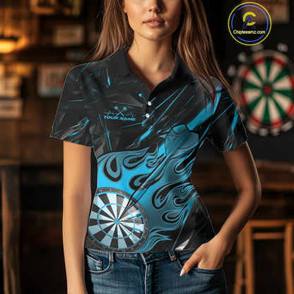 Custom Black And Blue Flame Dartboard Dart Polo Shirts For Women, Dart Players Outfits IPHW9689
