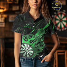 Load image into Gallery viewer, Custom Black And Green Flame Dartboard Dart Polo Shirts For Women, Dart Players Outfits IPHW9690