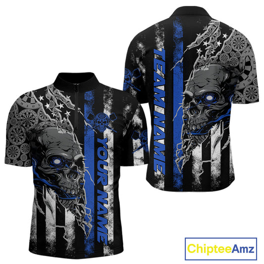 Custom Blue Line American Flag Patriotic Skull Dart Men Quarter-Zip Shirts, Halloween Dart Outfit IPHW9692