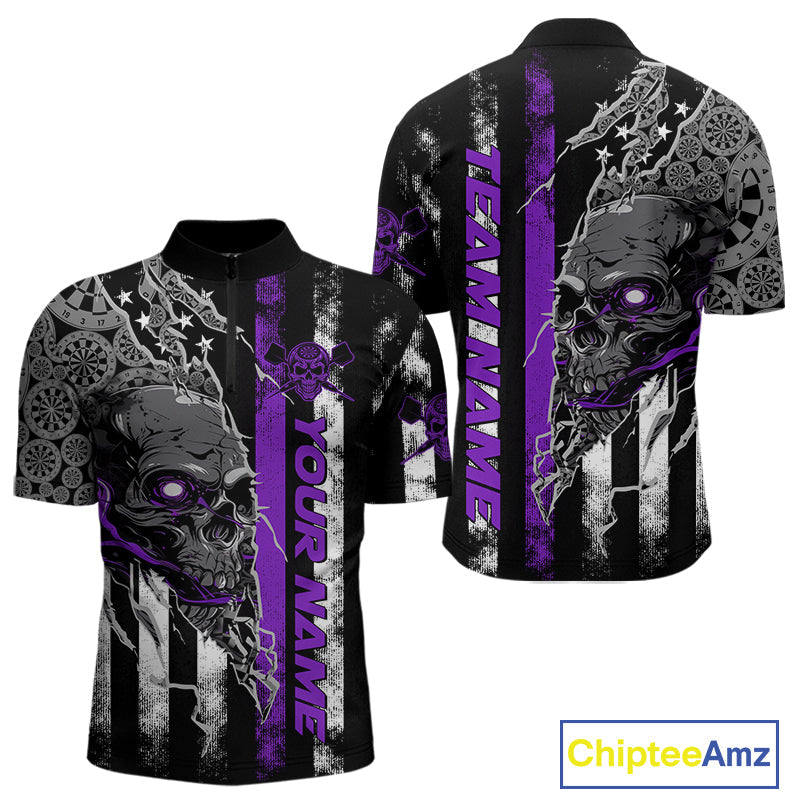 Custom Purple Line American Flag Patriotic Skull Dart Men Quarter-Zip Shirt, Halloween Outfit IPHW9693