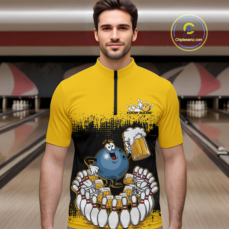 Custom Black And Yellow Funny Bowling Ball Drinking Beer Party Bowling Quarter-Zip Shirts For Men IPHW9826