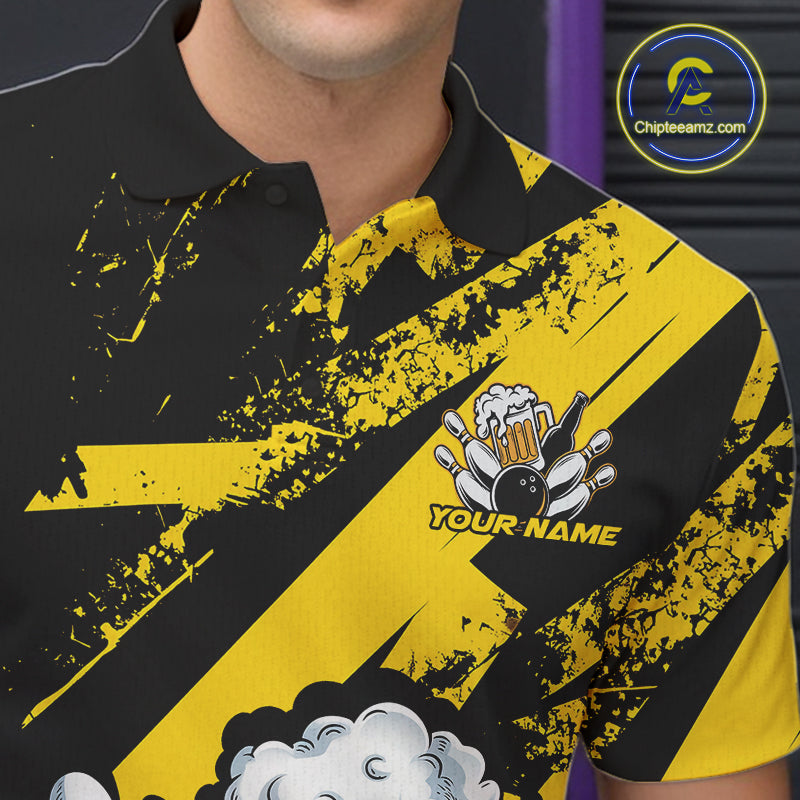 Custom Grunge Yellow Funny Bowling And Beer Polo Shirts For Men, Bowling Team Outfit IPHW9831
