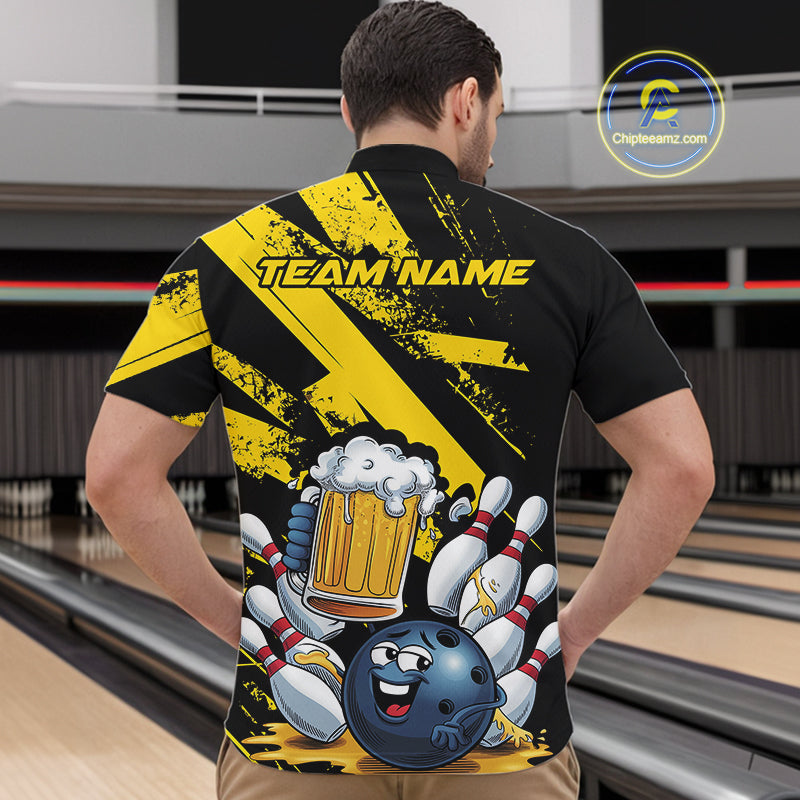 Custom Grunge Yellow Funny Bowling And Beer Quarter-Zip Shirts For Men, Bowling Team Outfit IPHW9831