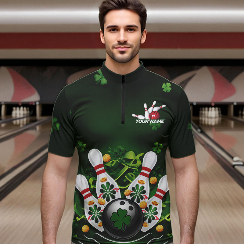 Custom Green St Patrick'S Day Bowling Quarter-Zip Shirts For Men, Saint Patrick Team Bowling Outfits IPHW8374
