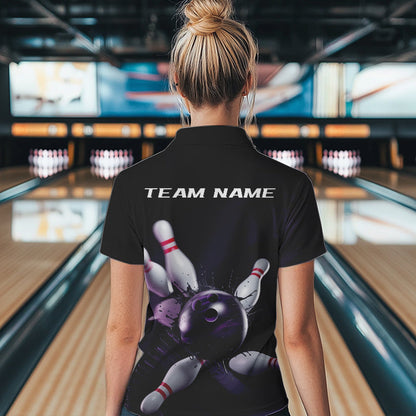 Custom Black And Purple Bowling Jerseys, Bowling League Womens Quarter-Zip Team Shirts IPHW8561