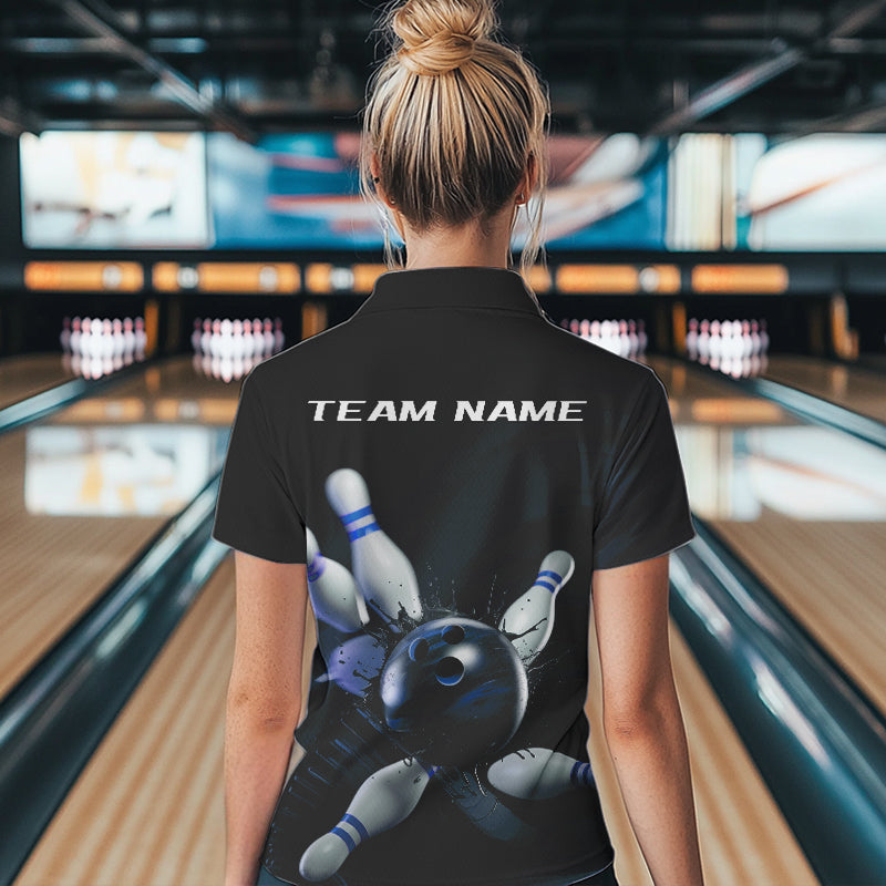 Custom Black And Blue Bowling Jerseys, Bowling League Polo Shirts For Women Team Uniform IPHW8562